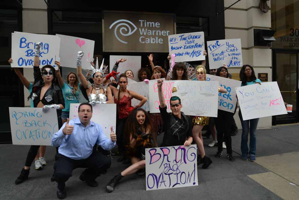 David Schwartz at a rally in front of Time Warner Cable